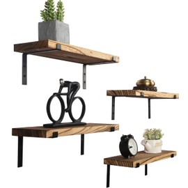 Rustic Wood Floating Shelves Wall Mounted Farmhouse Wooden Wall Shelf for Bathroom Kitchen Bedroom Living Room Set of 4 Light Brown