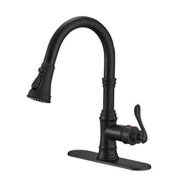 BWE Black Kitchen Faucet with Pull Out Sprayer 3 Spray Modes Farmhouse Single Handle High Arc Kitchen Sink Faucet with Deck Plate Lead-Free Commercial Bar Pull Down Sprayer