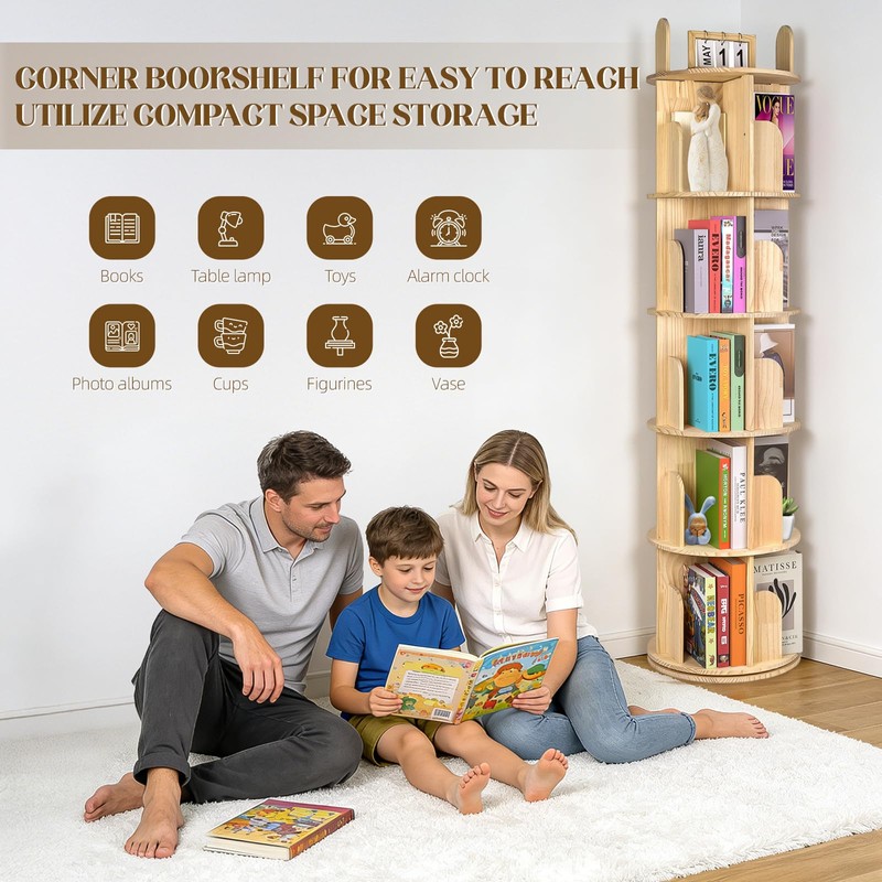 Kryonix Rotating Bookshelf for Kids, Solid Pine Wood Spinning Bookshelf