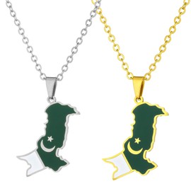 [HEMLBOYW] Stainless Steel Clavicle Chain Pakistan Map Pendant Necklace National Flag Choker Geometric Pendant Unisex Jewelry Festival Accessories, Silver