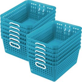 Really Good Stuff Multi-Purpose Plastic Storage Baskets for Classroom or Home Use - Stackable Mesh Plastic Baskets with Grip Handles 13" x 10" (Neon Blue - Set of 12)