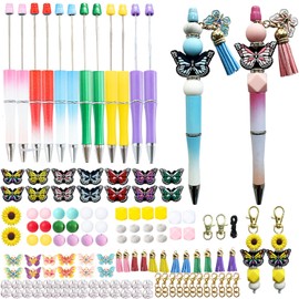 KnvsS Beadable Pens Bulk Bead Pens with Assorted Colors Beads DIY Pen Making Kit Ballpoint Pen Black Ink for Women Students Office School (Butterfly)