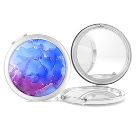 Nipichsha Compact Mirror, Pocket Travel Makeup Mirror, 2-Sided 2X/1X Magnification Compact Mirror, Small Folding Portable Handheld Mirror for Purses, Gift for Women, 2.75In Silver(Blue-Purple Marble)