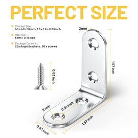 Teenitor 20 Sets Corner Brackets - 40x40 mm L Shaped Corner Braces with 80 Pcs Screws, 90 Degree Right Angle Brackets Metal Stainless Steel Fixing Brackets for Shelves Wood Color Silver