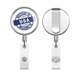 USA Grunge Welcome Travel Stamp Round ID Badge Key Card Tag Holder Badge Retractable Reel Badge Holder with Belt Clip