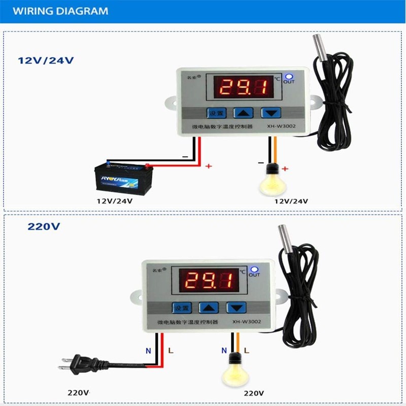 Digital Temperature Controller Pre-Wired Thermostat with Waterproof Sensor, XH-W3002 DC