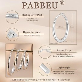 PABBEU S925 Sterling Silver Hoop Earrings Large Silver Hoop Earrings for Women Hypoallergenic Lightweight Big Thick Silver Hoop Earrings for Women Girls (30/40/50/60mm)