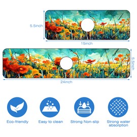 Sink Faucet Absorbing Mat Floral Abstract Oil Painting Sink Splash Guard Faucet Mat Draining Mat Fast Drying Sink Protectors for Kitchen and Bathroom 5.5”×15”