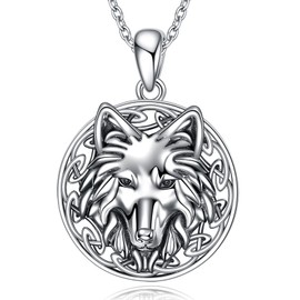 Wolf Necklace Jewellery for Women Sterling Silver Moon Viking Pendant Necklace Gifts for Men Girls, Sterling Silver
