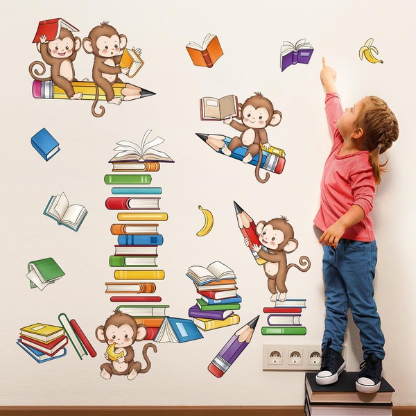 decalmile Monkey Reading Books Wall Decals Animal Educational Wall Stickers Baby Nursery Kids Bedroom Playroom Classroom Wall Decor