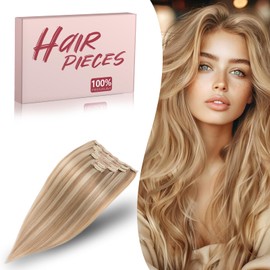 TESSHAIR Remy Hair Extensions Clip in Human Hair 22 Inch Clip in Extensions Real Human Hair Straight Real Hair Extensions Clip in Human Hair 130g 7Pcs, Golden Brown & Bleach Blonde# 12P613