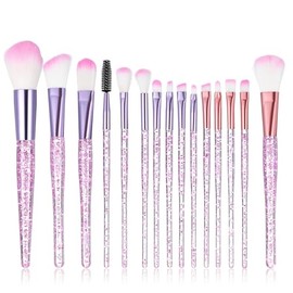 Juego de 15 brochas de maquillaje rosa, con purpurina de cristal, lindo cepillo de maquillaje para sombra de ojos, kit de brochas profesionales para b