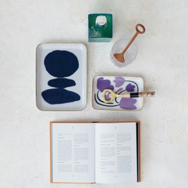 Creative Co-Op Floral and Abstract Enameled Metal Trays, Set of 2