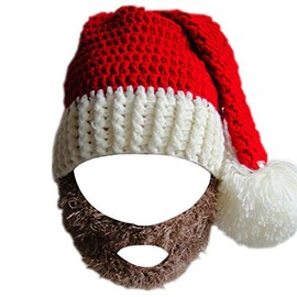 Kafeimali Unisex Christmas Winter Knitted Crochet Beanie Santa Hat with Beard Foldaway Bearded Caps (Brown)