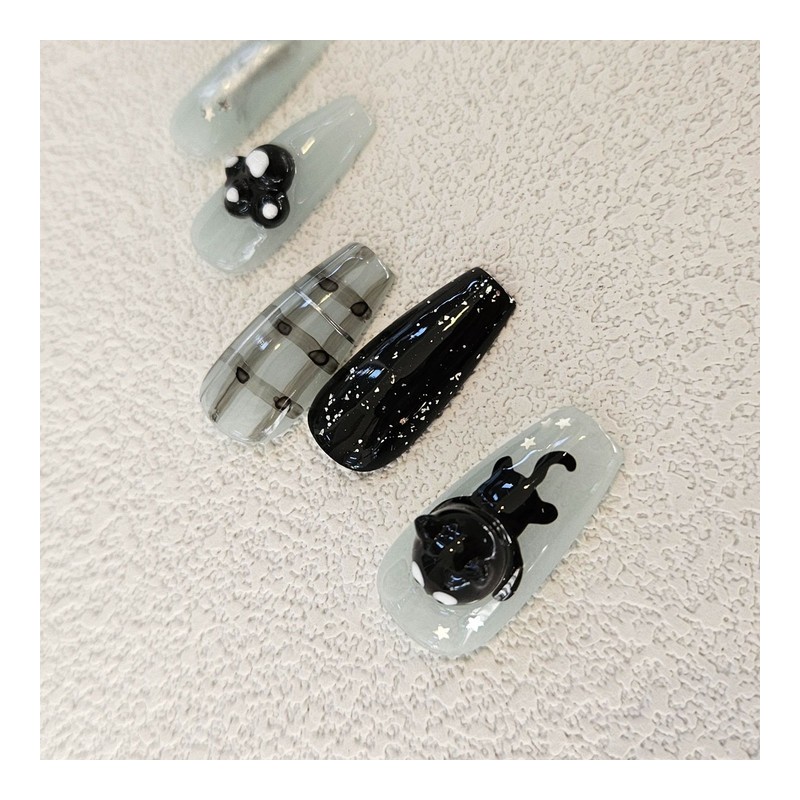 Black Cat Handmade Nail Tips - Natural / 검은 고양이