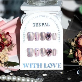 TENPAL Cat Eye Press on Nails Short Square Glitter Pink Nails with Love Diamond Soft Gel Fake Nails Full Cover Glossy Glue on Nails For Women Girls 10pcs/Box Reusable Short Artificial Nails(S)