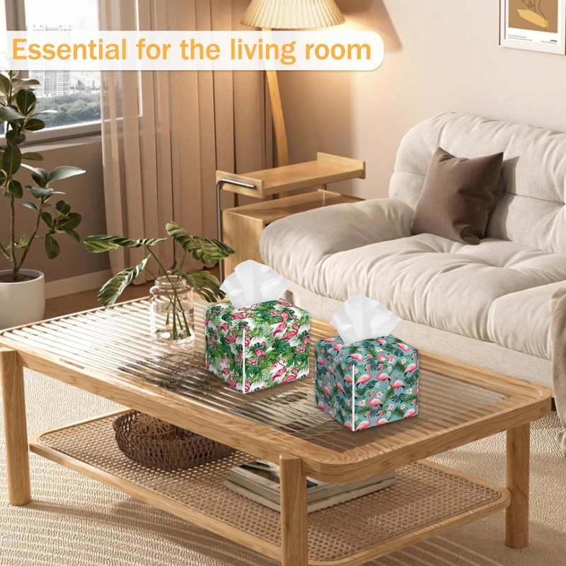 Tropical Palm Leaf Flamingo 2 Pcs Tissue Box Cover Square