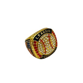 Discount Sports Rings BALL LEAGUE CHAMPION — GOLD BODY, CLEAR STONES, RED LACES Item 5-32, Clear,Gold
