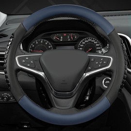 West Llama Nappa Leather Car Steering Wheel Cover Gel Massage,Cool in Summer,Universal 15 inch(Blue+Black-Standard Size)