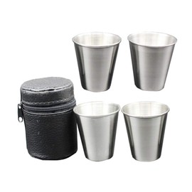 4 Pieces 70ml (2.36 oz) Stainless Steel Shot Cups Shot Glass Drinking Vessel with One Black PU-Leather Carrying Case Outdoor Camping Travel Coffee Tea Cup, Silver Cup, Black Case