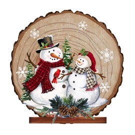Lighted LED Snowman Standing Ornaments Large Tabletop Wooden Christmas Decor Display - Set of 2 Battery-Operated Auto Timer Round Holiday Decoration Plaques