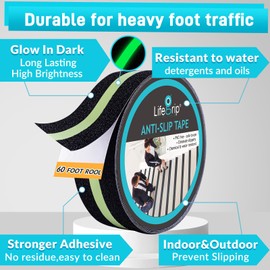 Anti Slip Traction Tape with Glow in Dark Green Stripe, 2 Inch x 60 Foot - Best Grip, Friction, Abrasive Adhesive for Stairs, Tread Step, Indoor, Outdoor, Black (2 inch X 60 feet Tape)