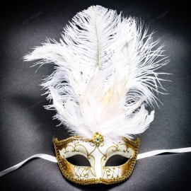 ILOVEMASKS Venetian Half Moon Masquerade Ball Dance Party Women Feather Mask White Gold