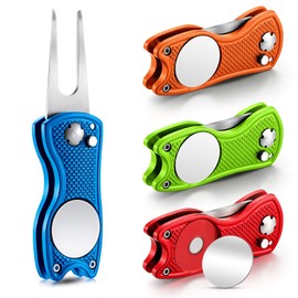 4 Pieces Golf Repair Tool Stainless Steel Foldable Golf Divot Tool Magnetic Golf Button Tool Golf Ball Marker (Red, Blue, Lime Green, Orange)