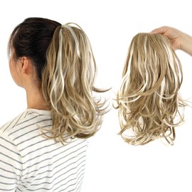 KAVSORAPI 12 Inch Curly Ponytail Hair Extension - Drawstring Synthetic Hairpiece for Women & Girls, Natural Looking Fake Ponytail for Easy Styling, Voluminous Curly Hair (Light Brown with Highlights)