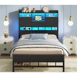 BTHFST Twin Bed Frames with Headboard & Charging Station, LED Bed Frame Twin with 5 Storage Shelves & Under Bed Storage, Platform Bed Frames for Kids, No Box Spring Needed, Black
