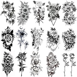 Yesallwas Tattoo Stickers, Roses, Black, Roses, Flowers, Set of 15, Tattoo Stickers, Realistic Waterproof, Long Lasting, Tattoo Stickers, Body, Black, Rose Flower Tattoos, 2.4 x 4.1 inches (6 x 10.5