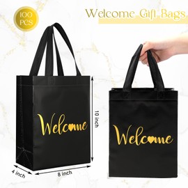 Sweetude 100 Pcs Welcome Bags Bulk, 10 x 8 x 4 Inch Non Woven Welcome Guest Gift Bags with Handle Reusable Reinforced Bottom for Wedding Birthday Party(Black, Gold)