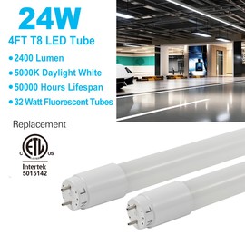 MKUJOO 20 pack 4FT LED T8 Type A+B Tube Lights, 24W, 5000K, Single or Double End Powered, Plug and Play or Ballast Bypass, 4 Foot T10 T12 Fluorescent Bulbs Replacement, milky Cover(4ft milky, 20 pack)
