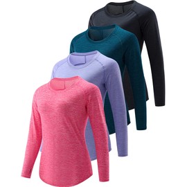 4-Pack: Womens Long Sleeve Athletic Tops with Thumb Holes – Dry Fit Active Crewneck Workout Tees (Set 10, X-Large)