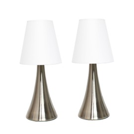 Simple Designs LT2014-WHT-2PK Valencia Brushed Nickel Mini Touch Table Lamps with Fabric Shades, White (Pack of 2)
