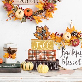 DIYDEC 4Pcs Fall Table Decor Fall Wood Block Signs Maple Leaves Sign Autumn Tiered Tray Decor Thanksgiving Centerpieces Signs for Holiday Tabletop Coffee Fireplace Shelf Desk Party Decoration