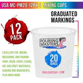 Pouring Masters 20 Ounce (600ml) Graduated Plastic Mixing Cups (Box of 12) - Use for Paint, Resin, Epoxy, Art, Kitchen, Cooking, Baking - Measurements in OZ. and ML., 4 Different Measuring Ratios 1:1