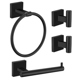 Towel Ring Set 4 Piece Bathroom Hardware Set Includes Towel Ring 2 Towel Hooks and Toilet Paper Holder Stainless Steel Wall Mounted (Matte Black)