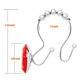 Yapicoco Shower Curtain Hooks Rings for Bathroom, 12PCS Double Hooks Glide Anti Rust Crystal Rhinestones Shower Curtain Rings Hangers for Shower Curtains, Clothing, Towels, etc. (Red)