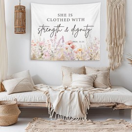 OXW Bible Verses Christian Tapestry Wall Hanging for Bedroom, Scripture Wildflower Nursery Wall Art Decor, She is Clothed With Strength Dignity, Bible Verses Christian Wall Decor, 50×60 inches