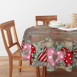 Horaldaily Valentine Tablecloth 70×70 Inch Round, Red Heart Eucalyptus Brown Wood Grain Washable Seasonal Table Cover for Party Picnic Dinner Decor