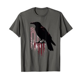 Black Crow Silhouette Distressed USA Flag Dystopian Artwork T-Shirt