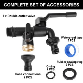Universal Garden Tap, 1/2 Inch Double Brass Outlet Tap with 2 x Rubber Seals + 2 x O-Rings + 1 x Waterproof Tape + 2 x Hose Adapters for Garden, Washing Machine, Black