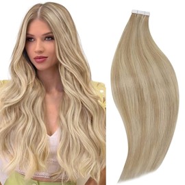 RUNATURE Tape in Hair Extensions Human Hair 24 Inch Dark Blonde Highlight Golden Blonde Tape in Extensions Real Human Hair Blonde Tape in Hair Extensions 50 Gram