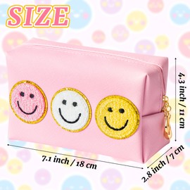 Feuid Gniea Preppy Smile Cosmetic Toiletry Bag - Pink Patch Varsity Makeup Bag with Zipper Aesthetic Waterproof Portable PU Leather Spring Travel Office Birthday Party Gifts for Women Teens