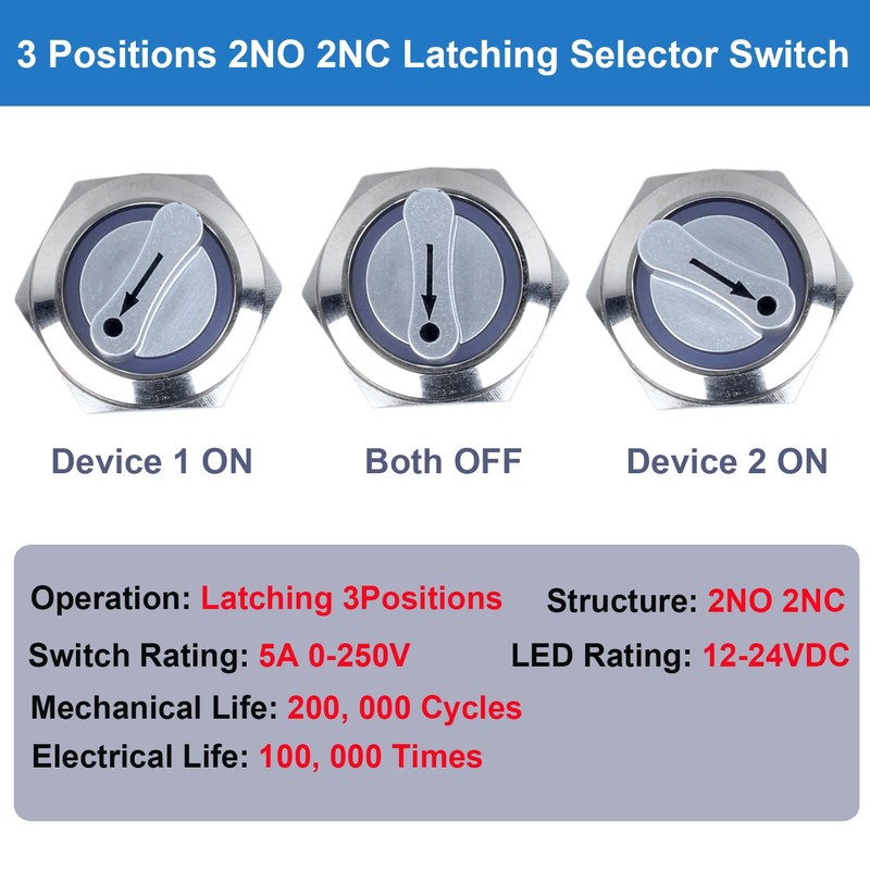 DMWD 19mm Latching Selector Rotary Switch 3 Positions 2NO 2NC