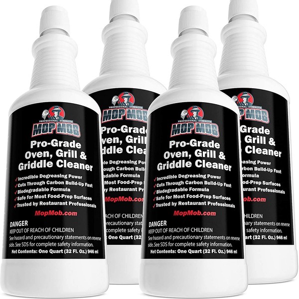Mop Mob Food Safe, Pro-Grade Grill and Oven Cleaner 4 x 32oz Ultra Strong Cleaning Liquid Dissolves Baked-On Grease and Carbon. Perfect for Your Cast Iron Cooktop, Stainless Steel Flat Top or Fryer
