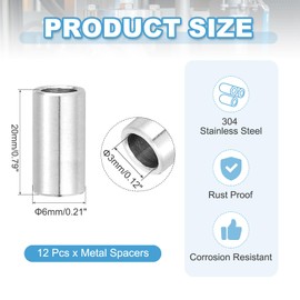 PATIKIL 12 Pcs Stainless Steel Spacers, 3mm ID x 6mm OD x 20mm Height 304 Stainless Steel Bushing Screw Standoff Unthreaded Round Spacer for 1/8"M3 Screws Bolts Nuts
