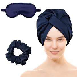 Amgkonp Adjustable Silk Satin Hair Bonnet for Sleeping, Double Layer Hair Wrap Sleep Cap Turban with Hair Scrunchies and Silk Eye Mask,Night Turban for Large Long Curly Braid Women (Navy)