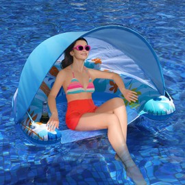 LAYCOL Adult Inflatable Pool Chair with Canopy, Ergonomic Headrest, Cup Holder, Blue, 47.5" x 37.5" x 27.5"